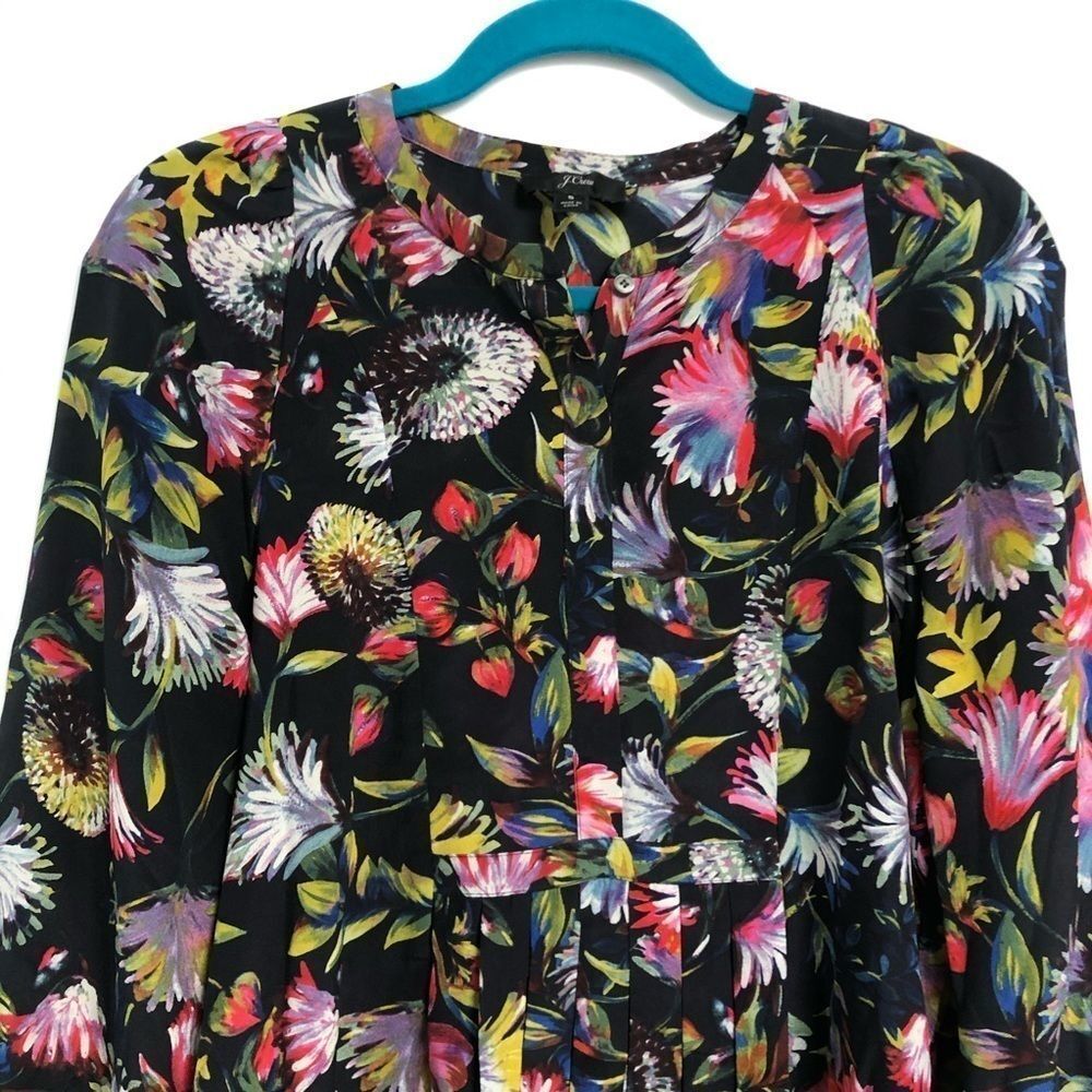 J. Crew Black Floral Silk Blouse Popover Small - Picture 7 of 8